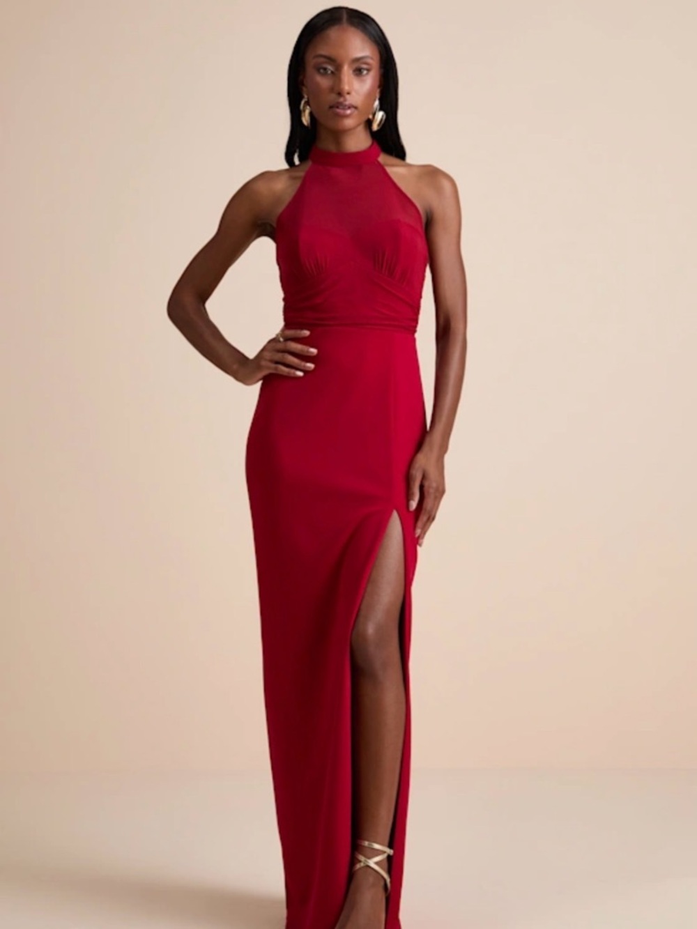 Lulu's Red Halter Maxi Gown with Side Thigh Slit